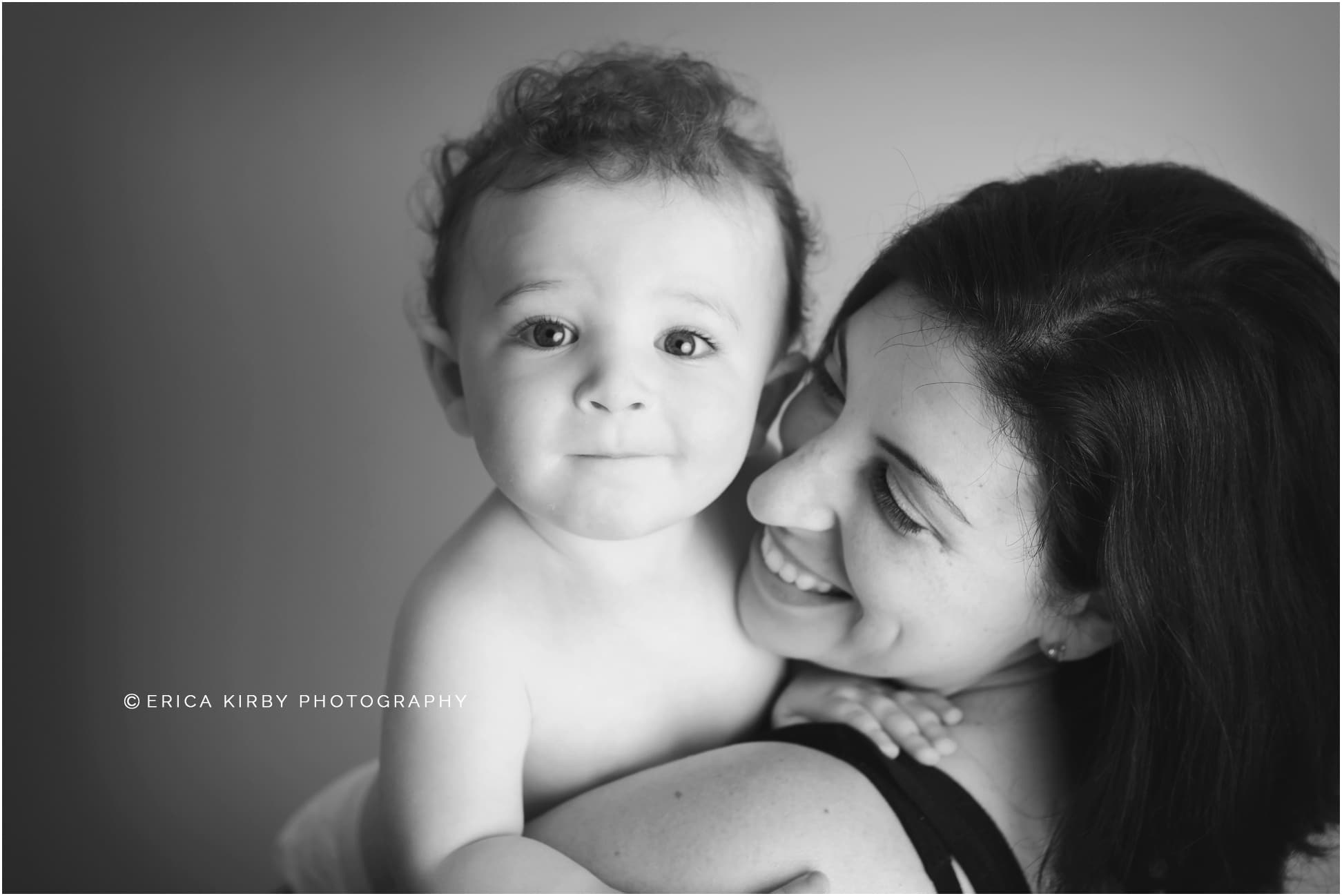 Bentonville AR Baby Photographer | one year old baby boy milestone photo session black and white images with mom | Erica Kirby Photography Northwest Arkansas
