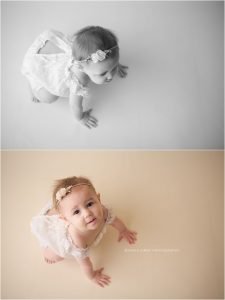 9 Month old baby girl milestone session in Bentonville AR photography studio with creams and purples | Erica Kirby Photography - NWA Baby Photographer
