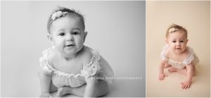 9 Month old baby girl milestone session in Bentonville AR photography studio with creams and purples | Erica Kirby Photography - NWA Baby Photographer