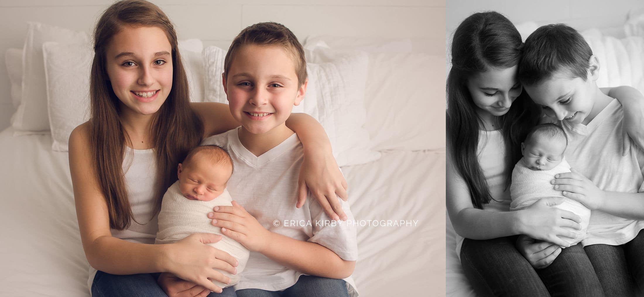 Newborn Photographers NWA | Newborn baby boy photo session in Rogers AR baby with big sister and brother on white bed | Erica Kirby Photography 