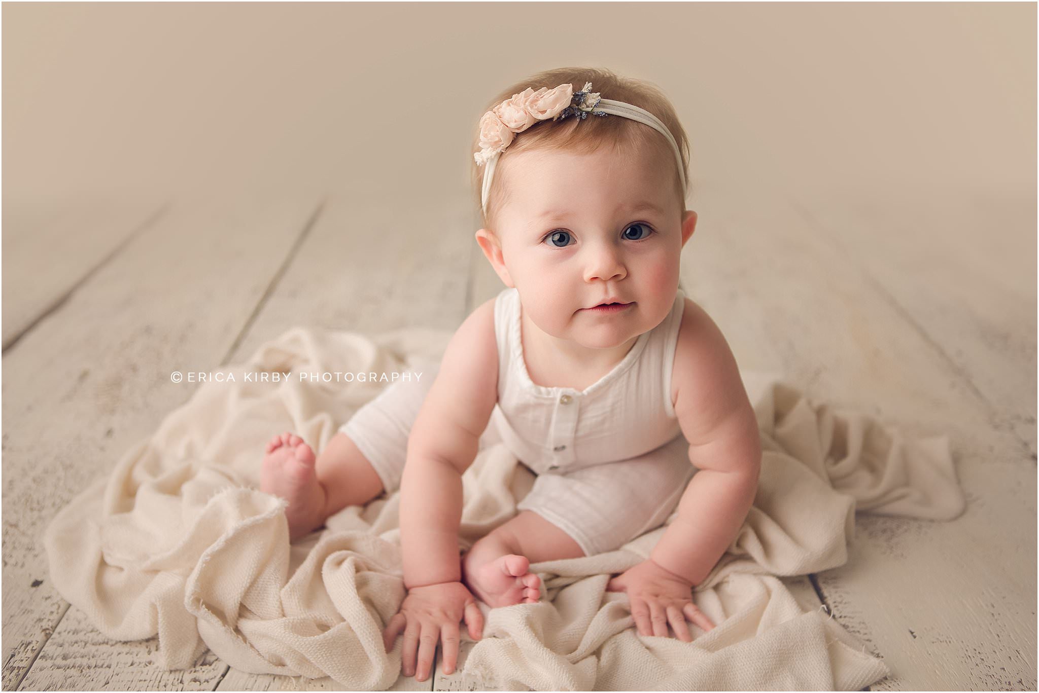 Northwest AR Baby Milestone Session baby girl 9 months old wearing white Tocoto Vintage baby clothing | Erica Kirby Photography