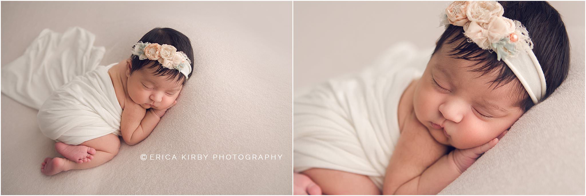 Newborn Baby Photographer Bentonville - hispanic newborn baby girl newborn session in northwest arkansas swaddled and sleeping - newborn photo session simple timeless poses