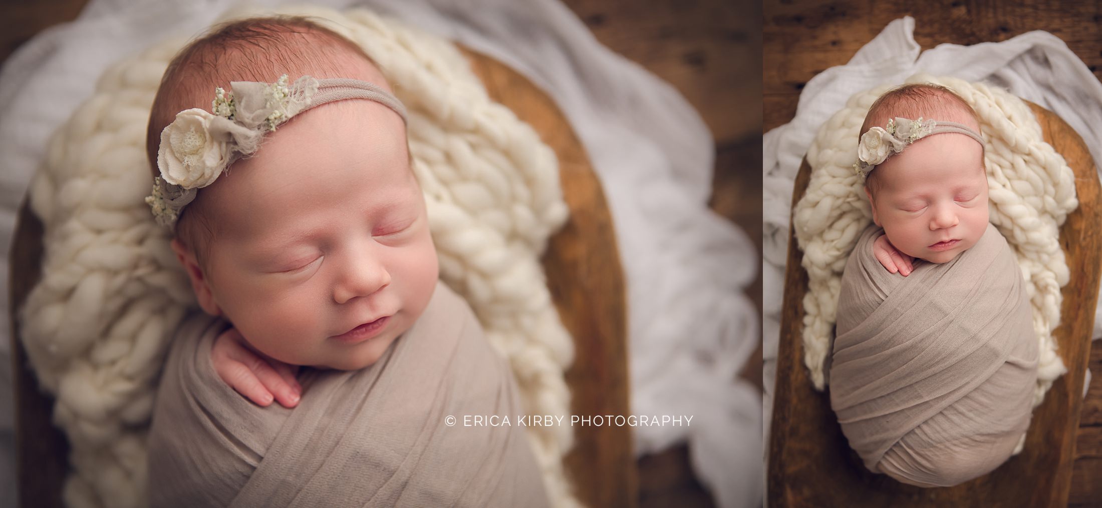 Newborn Baby Photographers NWA - baby girl swaddled newborn photo session soft natural styled studio session - erica kirby photography