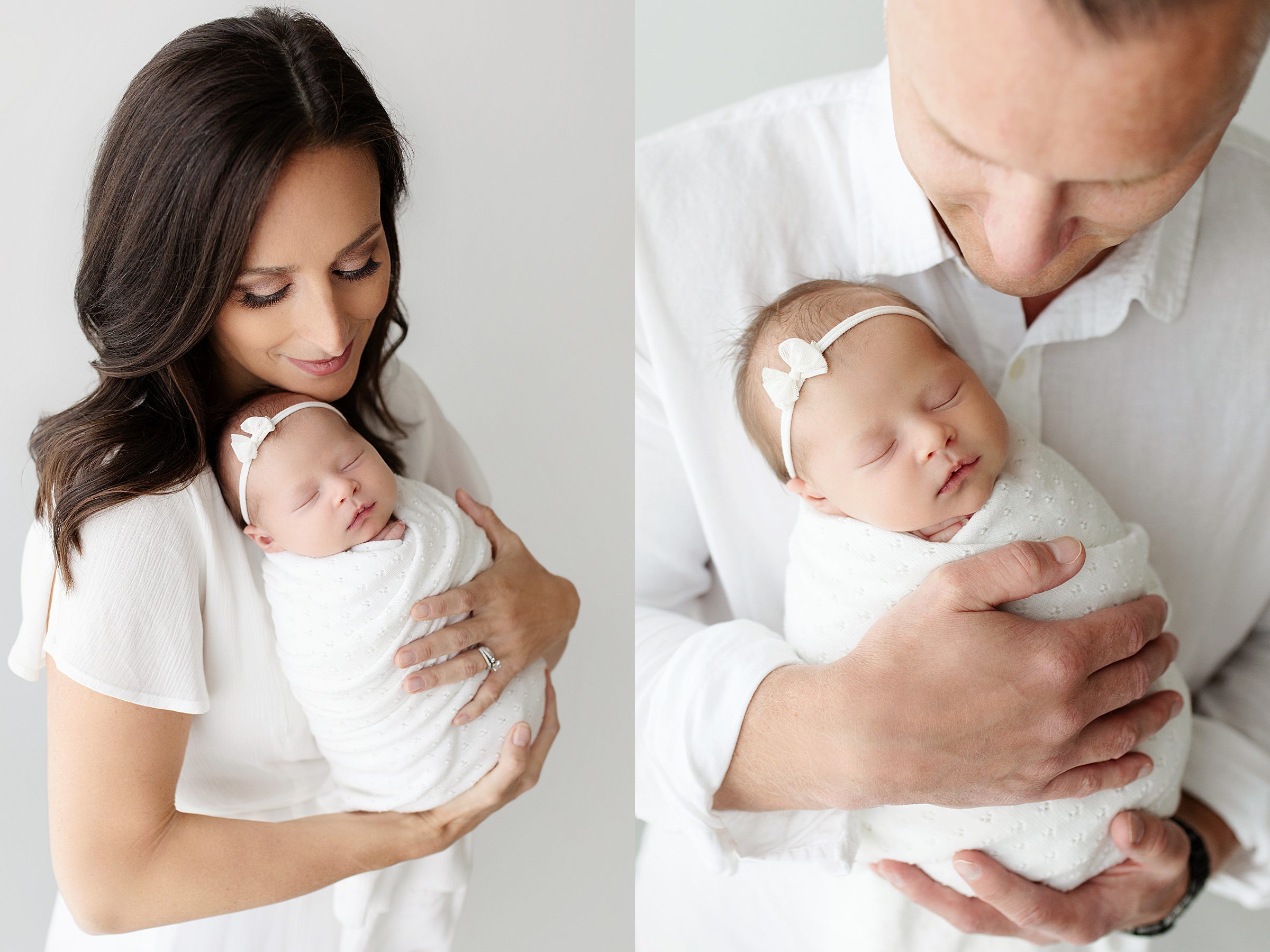 mom and dad with newborn baby light and airy newborn photos studio in Bentonville AR